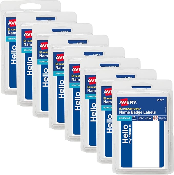 Avery Customizable Name Tags, Hello My Name is, 2-1/3" x 3-3/8", White, Blue Border, Removable Adhesive, Non-Printable, 200 Total (8-Pack of 6175)