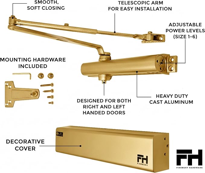 Commercial Door Closer Automatic Heavy Duty High Traffic Adjustable ANSI/BHMA Grade 1 Standard, UL Listed ADA Compliant Hydraulic Backcheck Delayed Action Latch Speed 1-6 Power (1, Matte Gold)
