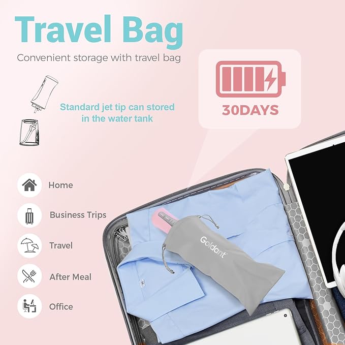 GOLDANT 350ML Water Dental Flosser Teeth Pick with Travel Bag, 5 Modes Portable Cordless Oral Irrigator Cleaner, Electric Rechargeable IPX7 Waterproof for Home Travel Teeth Cleaning flossing (Pink)