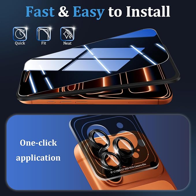 (3+2 Pack) 360° Privacy Screen Protector for iPhone 16 Pro Max 【4 Way Anti Spy】 + Camera Lens Protector9H Shatterproof Anti-PeepBubble-Free Case Friendly Easy Installation Frame Included