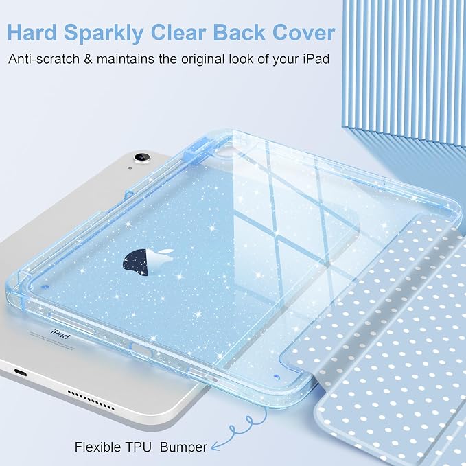 MEEgoodo Case for iPad A16 11th Generation 2025/10th Generation 2022 Glitter Tablet Cases with Transparent Acrylic Back+Trifold Stand +Pencil Holder+Auto Wake/SleepAbstract Sun &amp Palm Tree