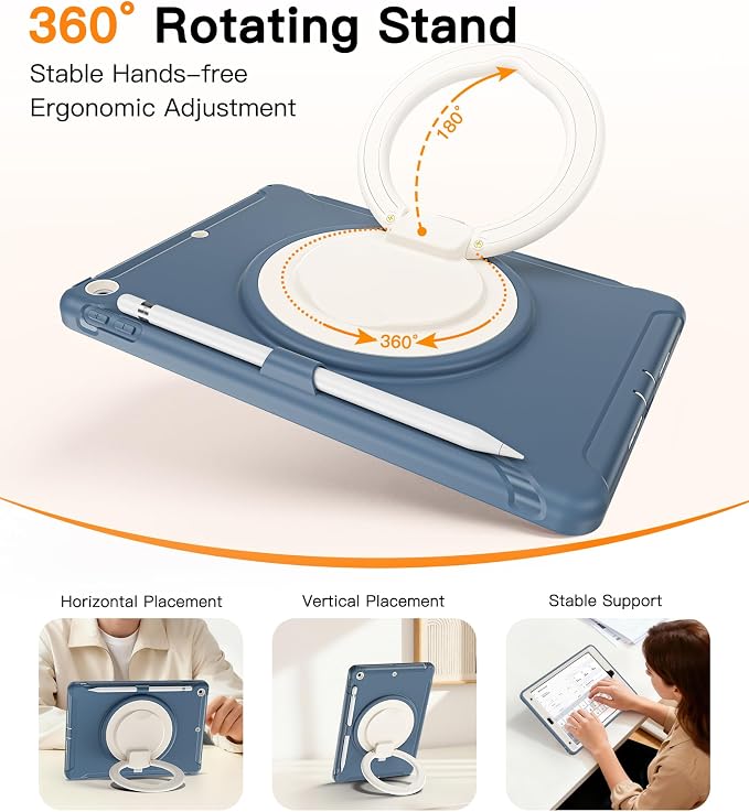 BATYUE Shockproof Case for iPad 9th 8th 7th Gen 10.2 Inch Black | 3in1 PC+TPU Heavy Duty 360° Rotatable Ring Stand for Grip Carry Hang &amp Multi-Angle View Screen Protector Pencil Holder