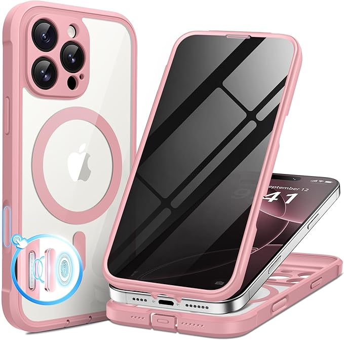 BERFY Magnetic for iPhone 16 Pro Case, Compatible with MagSafe, Built-in Privacy Screen Protector and Upgraded Camera Protection, Anti-Spy Full Body Shockproof Phone Case for 16 Pro 6.3", Pink