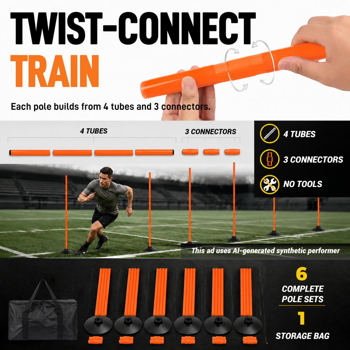 6 Pcs 5FT Adjustable Agility Training Poles, Rubber Bases and Bag