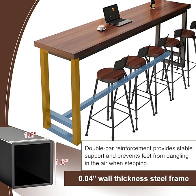 Solid Wood Rectangular Bar Table - Metal Frame Long Sofa Table for Kitchen, Dining Room, Coffee Shop & Home Bar No Chairs Dark Walnut(Single-Layer+Guard) 39.5×11.9×41"