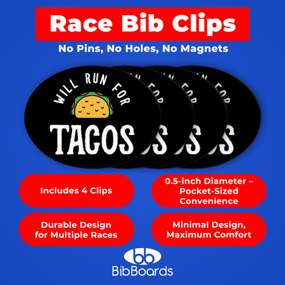 BibBoards bibSNAPS Race Bib Clips, Will Run for Tacos, 4 Pack