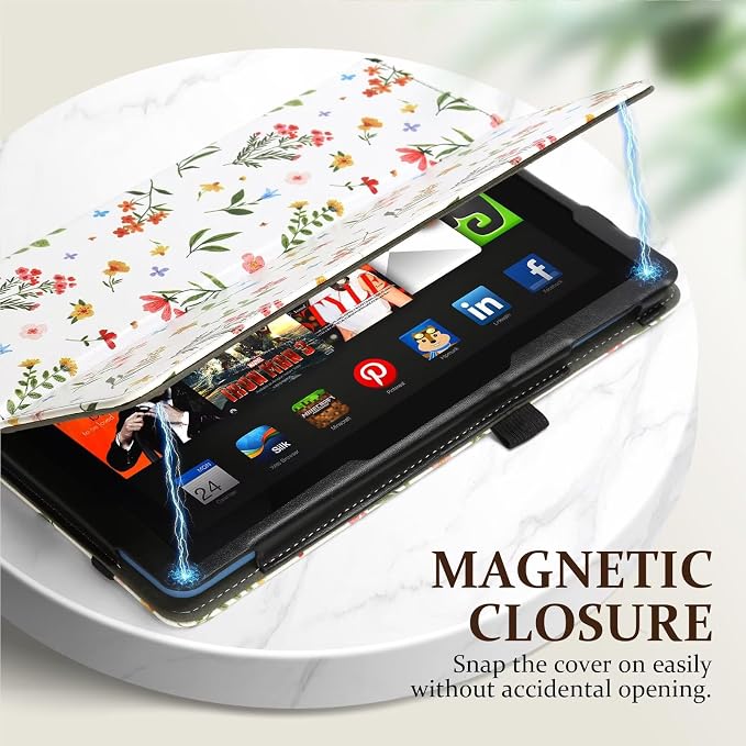 Fancity Case for Kindle Fire HD 10/10 Plus 13th/11th Generation 2023/2021 | Premium PU Leather Protective Case with Adjustable Angles Auto Wake/Sleep Hand Strap for Fire HD 10/10 Plus Black Floral