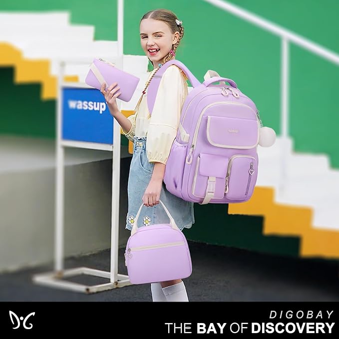 Backpacks for Girls, 3PCS School Backpack with Lunch Box Pencil Pouch for Teen Girls Kids Elementary Primary Middle High College Daypack School bag Bookbag Set（Purple）