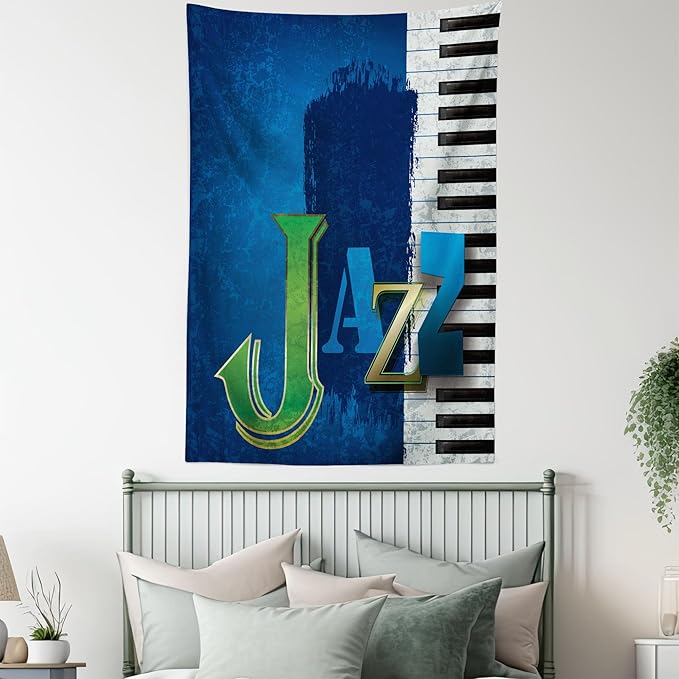 Ambesonne Jazz Music Tapestry Queen Size, Abstract Cracked Background Piano Keys Themed Print Rhytym Image, Wall Hanging Bedspread Bed Cover Wall Decor, 88" X 88", Navy Green White