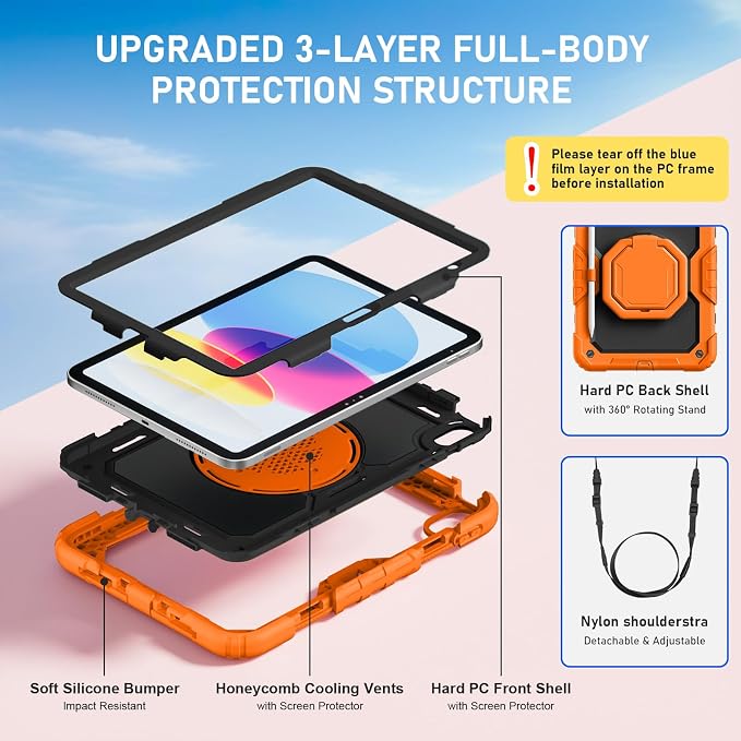 Case for iPad (A16) 11th/10th Generation 11/10.9 2025/2022 Black | Full-body Heavy Duty iPad A16 Case for Adults Kids with Screen Protector 360° Rotating Stand Shoulder Strap Pencil Holder