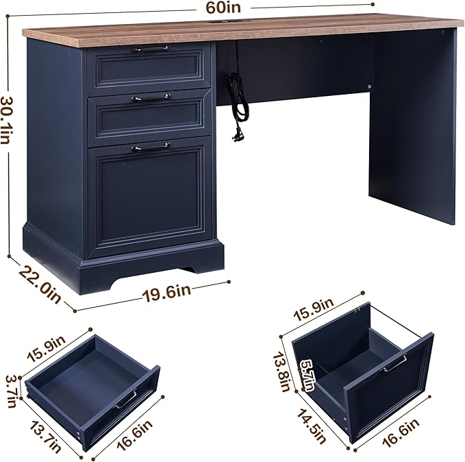 60" Farmhouse Executive Desk with Charging Station,Home Office Desk with 2 Drawers &1 File Cabinet,Wood Work Desk for Office and Home (Blue)