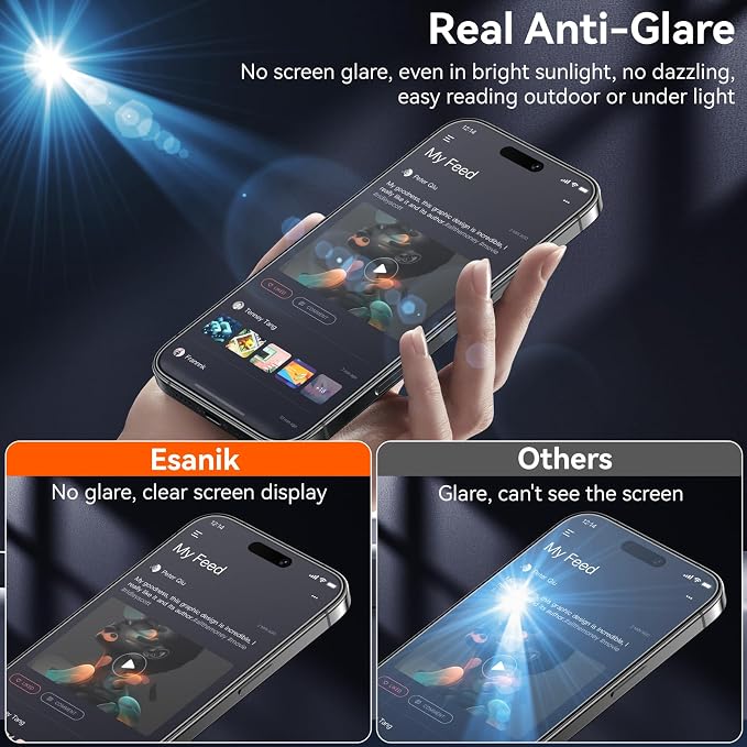 Esanik 3-Pack for iPhone 17/16 Pro Matte Glass Screen Protector - Anti-Glare Anti-Fingerprint Anti-Reflection 9H Hardness Smooth Touch Easy Installation Frame Included