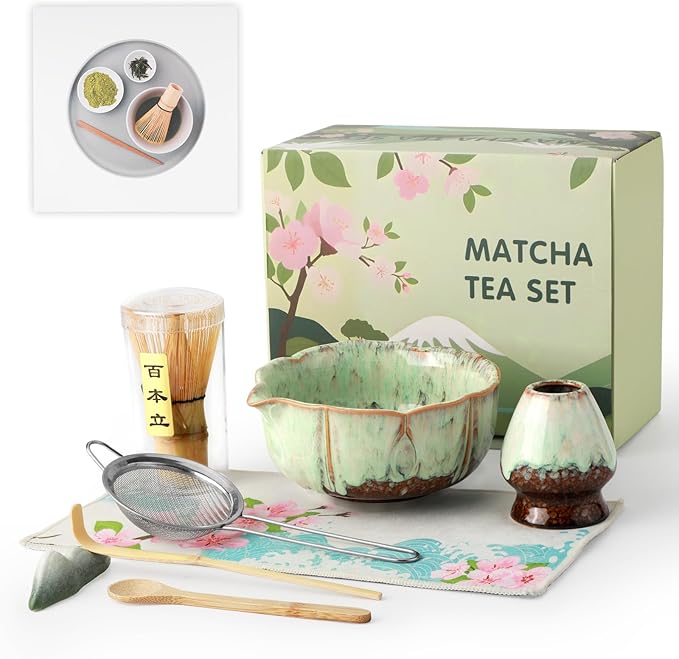 VENSEEN Matcha Whisk Set, 8 Pcs Matcha Kit with Bowl and Whisk Holder, Ceramic Japanese Complete Macha Starter Kit for Beginners, Gift for Macha Lovers (Green)
