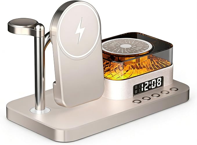 8-in-1 Desktop Charging Station with Bluetooth Speaker RGB Ambient Light Digital Clock Phone Stand Wireless Charger for Phone Watch and Earbuds Black/White (Black)