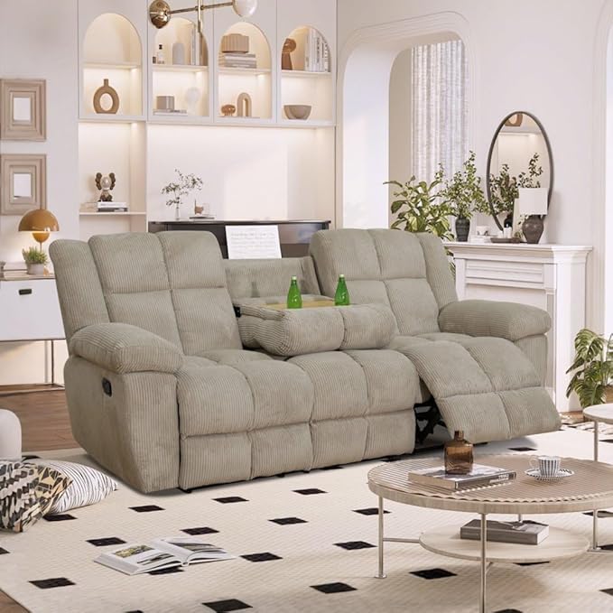 Manual Recliner Sofa Set,Corduroy Reclining Couch Set,Modern Living Room Furniture Set,Reclining Sofa Couch Chair for Living Room Home Office(Beige,3 Pieces Set)