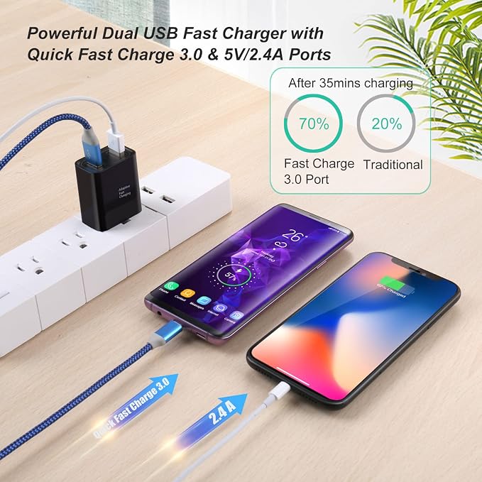 Dual USB Wall Charger Costyle 3 Pack 30W 2 Ports Adaptive Fast Charging Block Quick Fast Charger 3.0 &amp 5V 2.4A Wall Plug Compatible iPhone 13 12 11 XS MaxGalaxy A16 S10 S9Note 9 10Pixel (Black