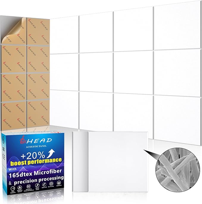 BSHEAD 10 pcs 165dtex Microfiber Acoustic Panels ，Self-Adhesive Soundproof Wall Panels, 12 x 12 x 0.4 in Sound Proof Foam Panels for Walls, High Density, Noise Dampening Panels for Home Studio（White）