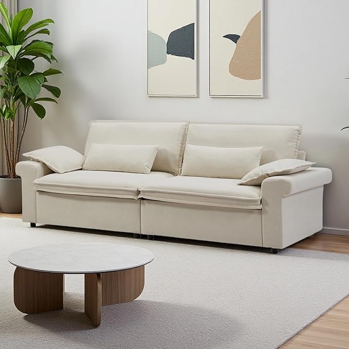 94 Inch Sofa, Oversized Couch with Wide Arms, Modern 3-Seater Sofa w/Throw Pillows, Chenille Fabric, Deep Seat Cushion, Easy Assembly, Comfy Couch for Living Room, Apartment, Office, Beige