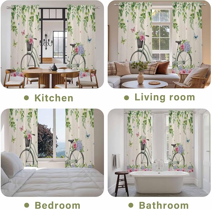 Farmhouse Spring Kitchen Curtains, Retro Bicycles Flowers Vines Butterfly Light