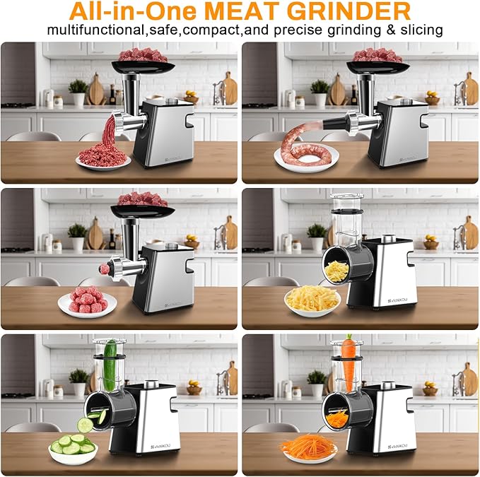 XFCNIKOU Electric Meat Grinder, Cheese Grater, 2800W Max Stainless Steel Veggie Shredder, Vegetable Cutter with 5 Slice Blades, 3 Grinding Plates, Sausage Stuffer & Kubbe Kit, for Home Kitchen Use