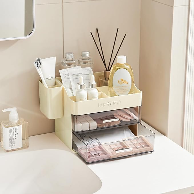Makeup Organizer for Vanity with Brush Holder, Countertop Organizer with 2 Drawers, Spacious Cosmetic Display Case for Beauty Essential, Skincare, Lipstick