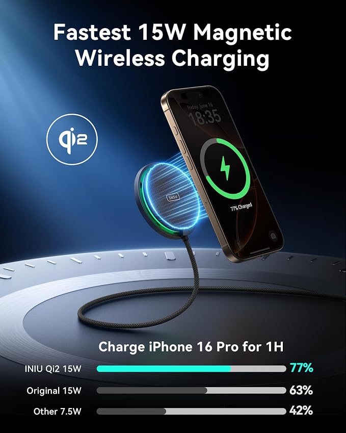 INIU Magnetic Wireless Charger Qi2 15W Fast Charging Pad Travel Charger | MagSafe-Compatible with LED Light Cooling Fan Smart Protection for iPhone 17-12 Series AirPods 4-2(20W Adapter Included)