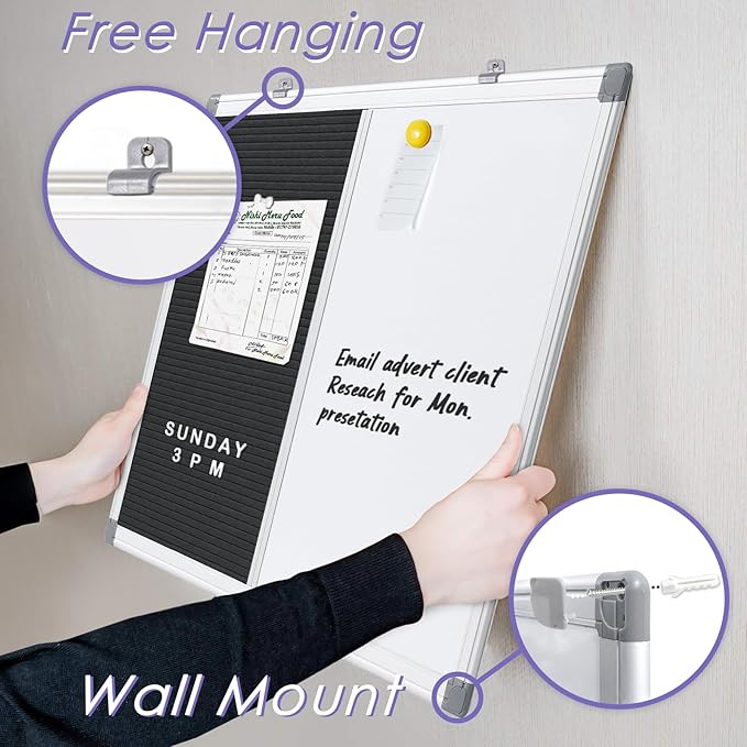 S SWANCROWN Magnetic Dry Erase & Felt Board Combo - Changeable Letter Felt Board for School, Office, Home - Aluminum Frame, 36x24 inch