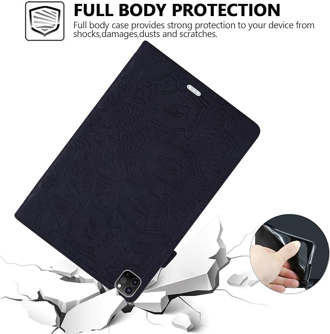Folio Case for iPad Pro 11 2018-2022 iPad Air 11 2025/2024/Air 10.9 - Techcircle Stand Mandala Embossed PU Leather Soft TPU Cover with Elastic Strap Card Slots Pencil Holder - Pink