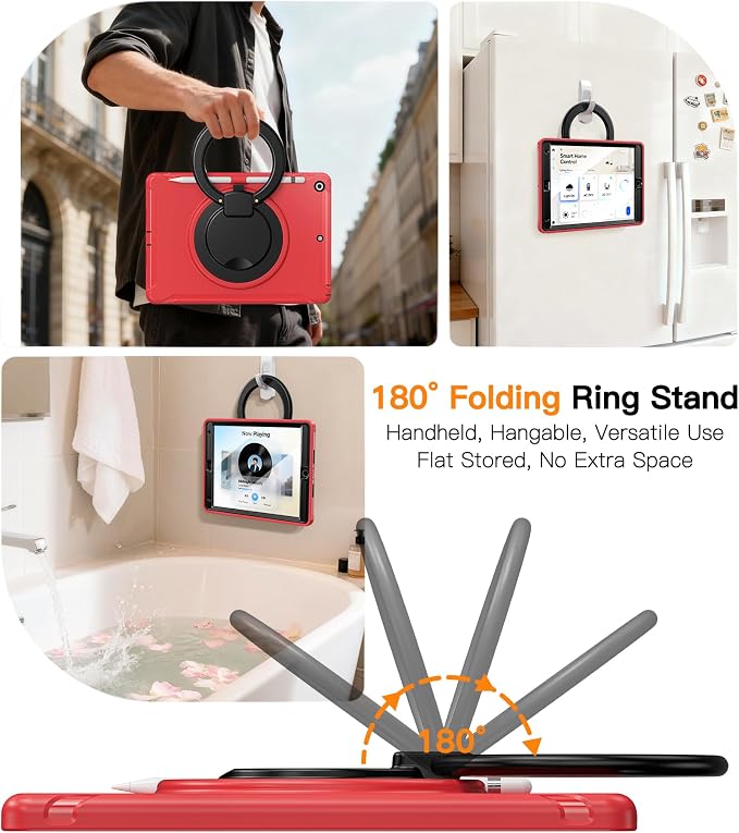 BATYUE Shockproof Case for iPad 9th 8th 7th Gen 10.2 Inch Black | 3in1 PC+TPU Heavy Duty 360° Rotatable Ring Stand for Grip Carry Hang &amp Multi-Angle View Screen Protector Pencil Holder