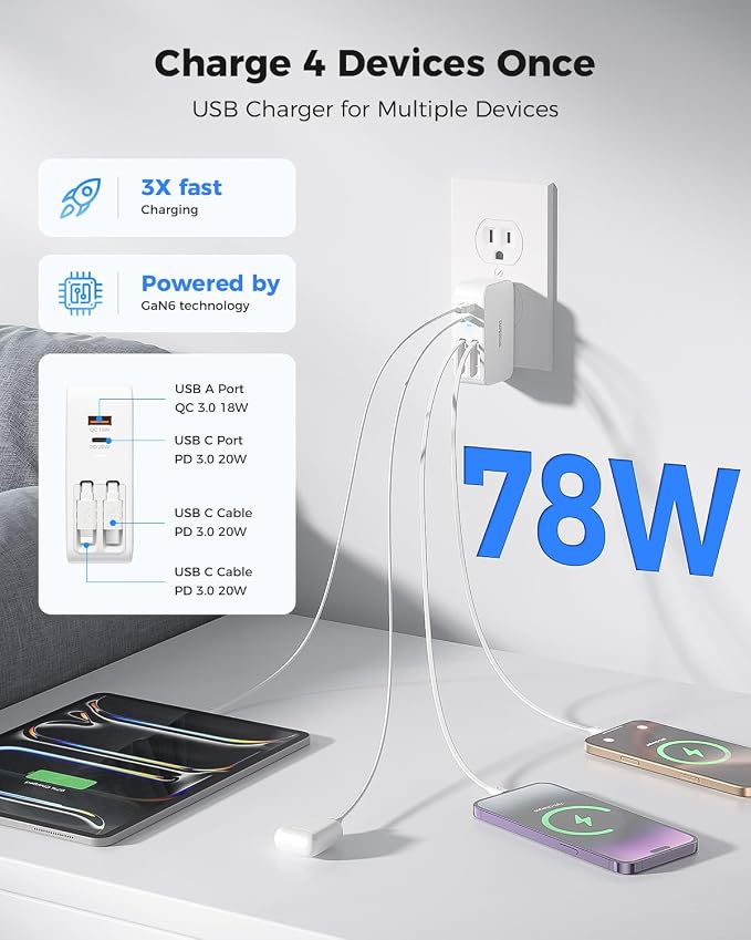 SUPERONE 4 in 1 Retractable Wall Charger with Dual USB C Cables 78W Fast Charging iPhone 17 Retractable USB C Charger with Dual Ports for iPhone 17 Pro Max/16/15/14/13/12 Pad Galaxy Pixel