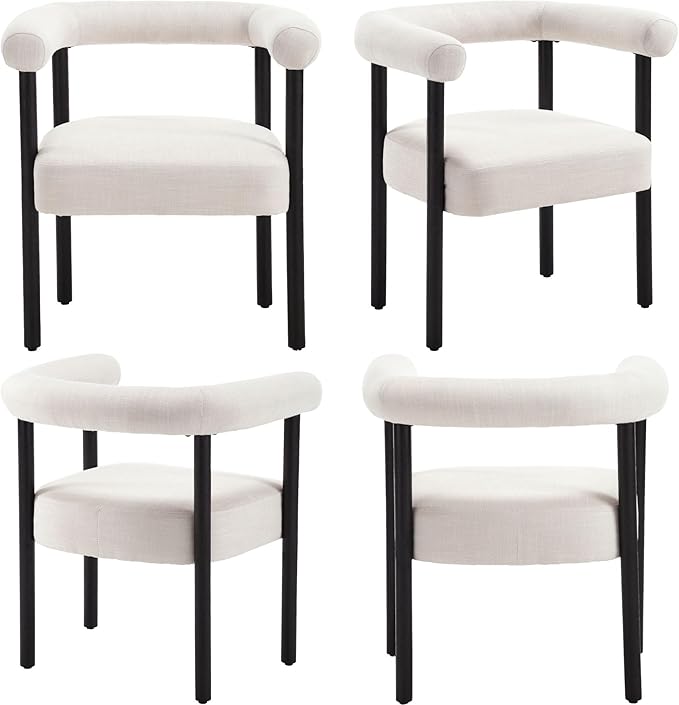 Mid-Century Modern Dining Chairs Set of 6, Armrest Barrel Dining Chairs Side Accent Chairs with Curved Back, Upholstered Wood Armchairs for Kitchen, Linen Beige