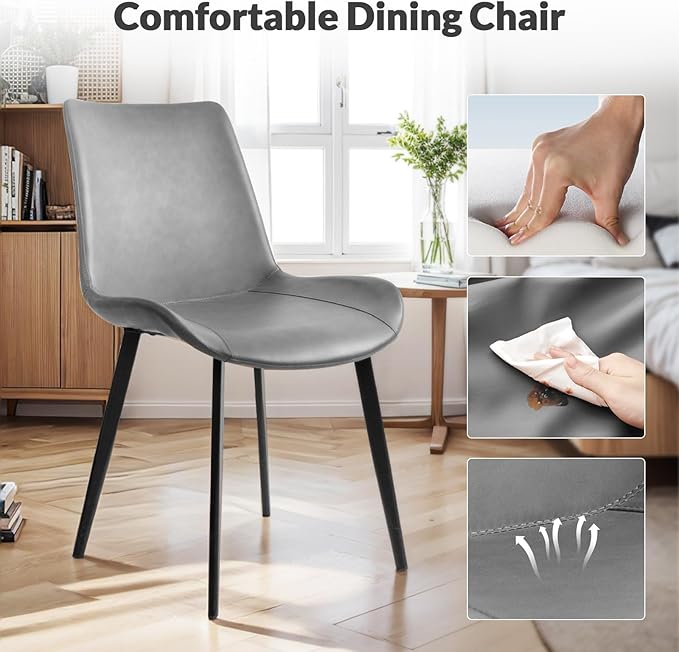 Dining Chairs, Modern PU Leather Dining Room Chair with Sturdy Metal Legs, Upholstered Seat Dinner Chairs Accent Side Chairs for Indoor Kitchen Living Room (Grey, Set of 6)