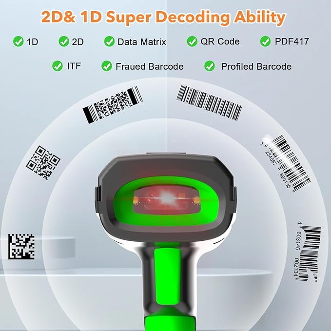 Symcode 2D Screen Barcode Scanner Wireless with Charging Stand,2 in 1 Wireless 433Mhz and Bluetooth 2600mAh 1D 2D Bar Code Scanner with Charging Stand for Store, POS, CPU, iPhone, Android