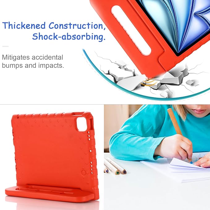 Kids Case for iPad Pro 11 M5/M4 &amp iPad Air 11 (2026/2025/2024) Shockproof Case with Pencil Holder Techcircle Light EVA Foam Handle Stand Bumper Protective Child Friendly Drop Proof Cover Black
