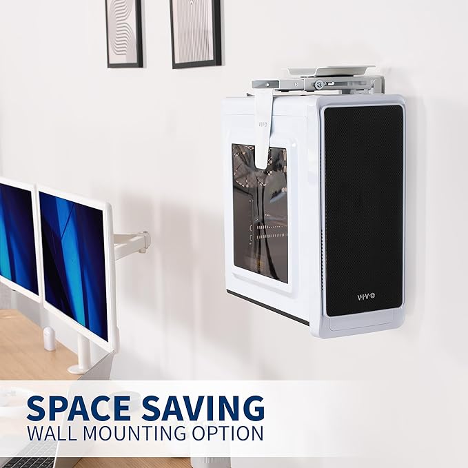 VIVO Adjustable Under Desk and Wall Mount for PC 3.5-7.8 inches Wide, Computer Case CPU Holder with Swivel and Secure Locking, White, MOUNT-PC01W