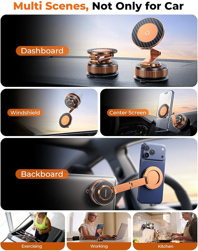 Vacuum Magnetic Car Phone Holder for Magsafe，Long Arm for Tesla Model Y/3 | All Metal，Nano Gel 119+LBS Max Suction，Foldable Hidden Tesla Phone Mount，360°Rotation，Easiest Car Mount for iPhone &amp And