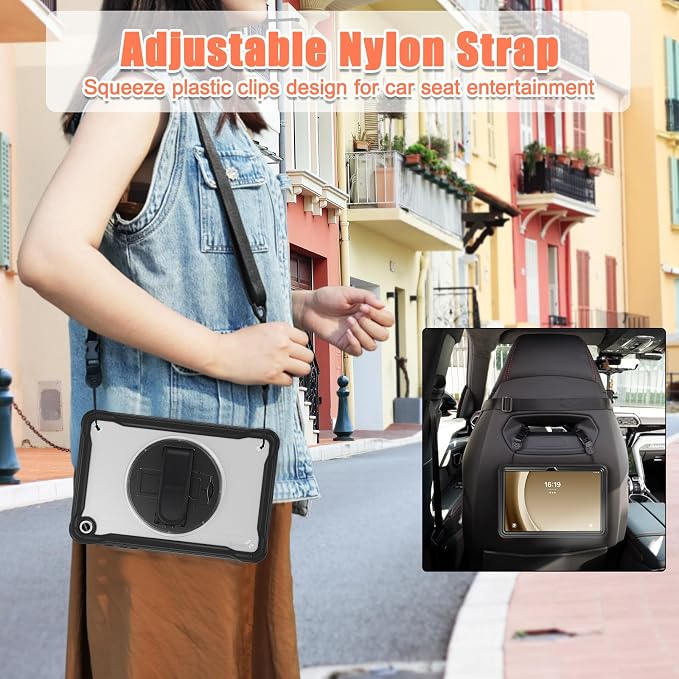 Junfire Clear Case for Samsung Galaxy Tab A9 Plus 11-inch 2023 Shockproof Slim Hard Case for Galaxy Tab A9+ with 360°Rotating Kickstand/Hand Strap/Shoulder Strap-Black