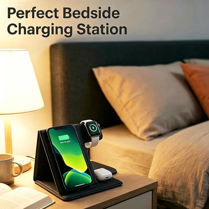 3 in 1 Wireless Charging Station Foldable Wireless Charger Stand for iPhone 15/14/13/12 Apple Watch Series 9/8/7/6/5/4/3/SE AirPods Pro 2/3 Fabric Portable Travel Charger Dock (Black)