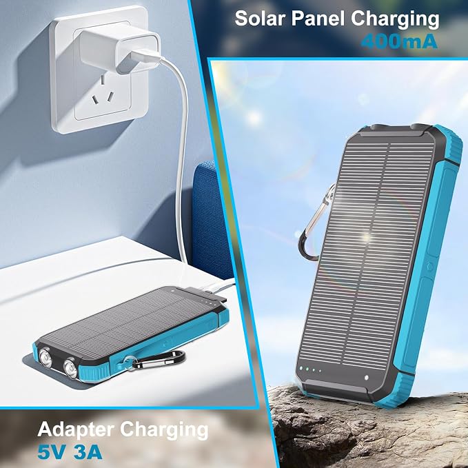 Solar Charger Power Bank 20000mAh Wireless Fast Charging Battery Pack with 3 Built-in Cables &amp USB-C Input Dual LED Flashlights Portable Phone Charger for Camping Travel &amp Emergency Use (B