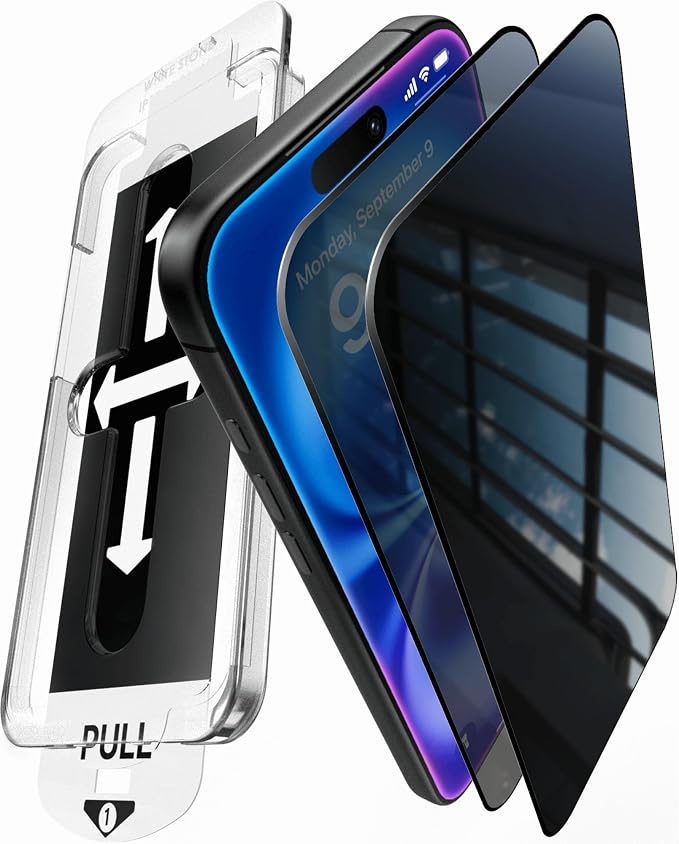 DOME GLASS Whitestone 2PACK EZ GLASS AR/Privacy for iPhone 17/16 Pro [Super Anti-Reflection &amp Anti-Spy] Full Coverage [Easy Install] Private Tempered Glass Screen Protector [2pack]