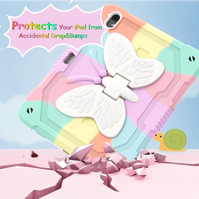 Ambison iPad Air 11 inch Case 6th Generation 2024(M2) with 9H Tempered Glass Screen ProtectorFull-Body Shockproof Sturdy Cute Cover with Butterfly Wings StandShoulder StrapPencil Holder-Multicolor