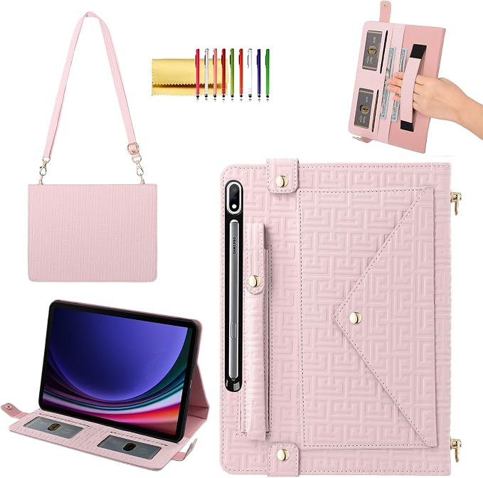 Handbag Case for Samsung Galaxy Tab S10 FE/S9 FE 10.9/S9/S8/S7 11 Techcircle Folio Stand Crossbody Wallet Protective Cover with S Pen Holder &amp Card Slots Hand Strap &amp Shoulder Strap Black
