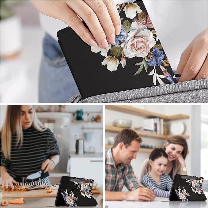 Case for Galaxy Tab S9 11-inch Shockproof Protective Cover Folding Stand Case for Samsung Galaxy Tab S9 FE Tablet [SM-X710/SM-X716B/SM-X718U/X510/SM-X516 2023 Release] -Black Flowers
