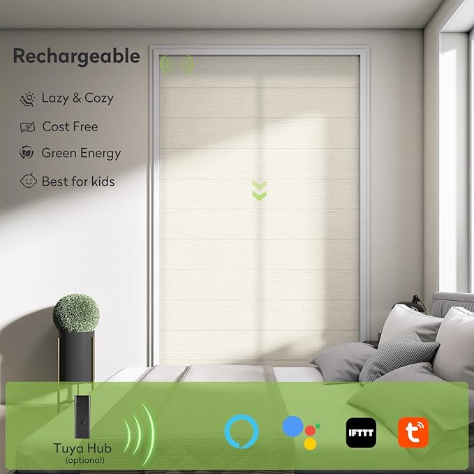 ZSTARR Smart Roman Shades Rechargeable Motorized Blinds with Remote Light Filtering Roman Window Shades Plain Fold Soft for Doors Bedroom, Custom Size (Sheer Beige)