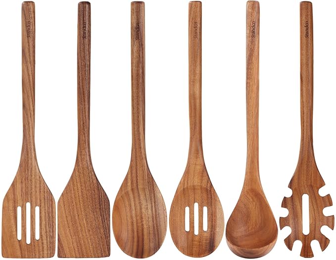 Round Handle Utensils Set - Handmade Acacia Wood Spoons for Cooking, 6 PCS