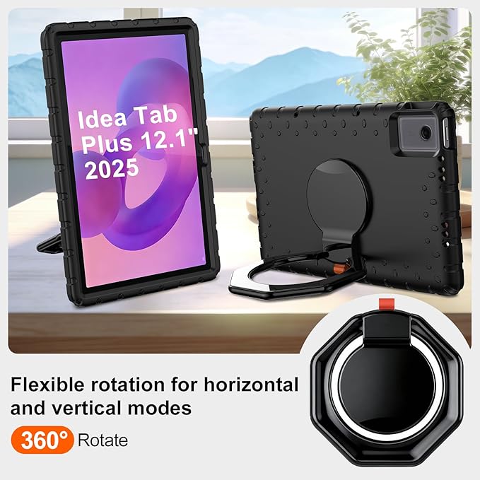 for Lenovo Idea Tab Plus Case 12.1 2025 with 360° Rotating Stand Handle and Pencil Holder New EVA Shockproof Cover for Kids Adults Home School Office Outdoor Black
