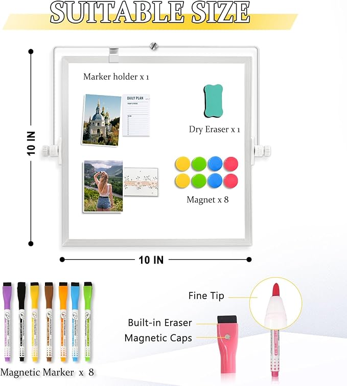Dry Erase Magnetic White Board, 10" x 10" Double-Sided Desktop Whiteboard with Stand, Portable Small Whiteboard Set for Drawing, Office, Home