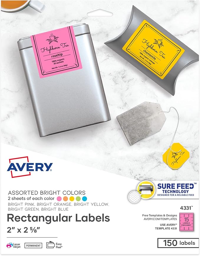 Avery Labels with Sure Feed, Assorted Bright Colors, 2" x 2-5/8", Laser/Inkjet, 150 Labels (4331) (Pack of 6)
