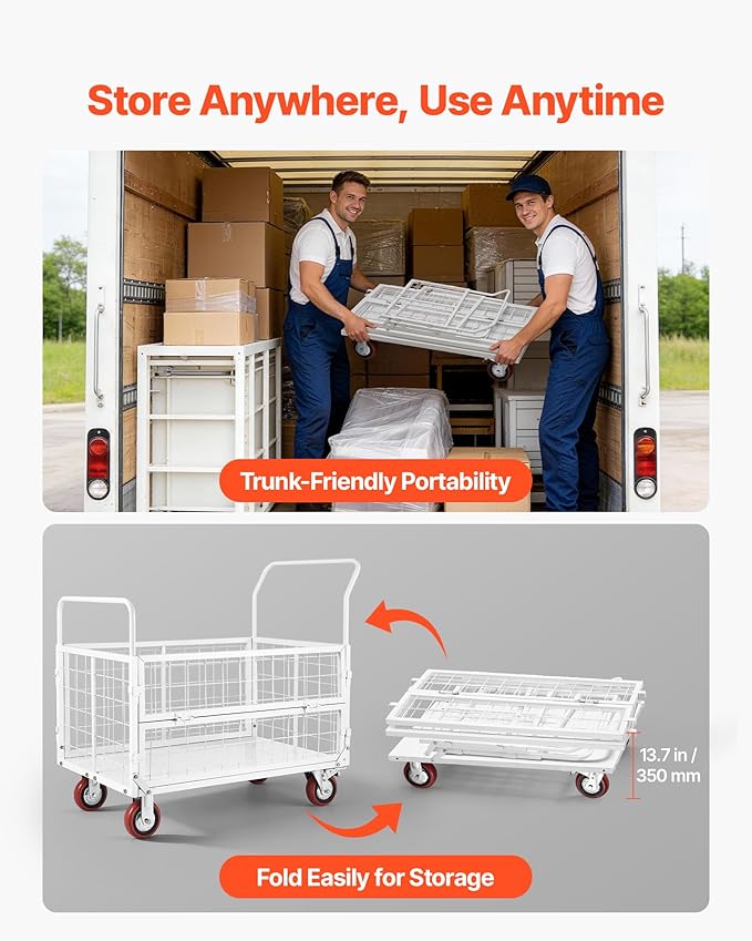VEVOR Platform Truck Cart with Cage, 2000 lbs Capacity, 6-in-1 Foldable Flatbed Cart with Swivel Wheels, Heavy Duty Hand Truck, Multi-Functional Push Dolly, for Grocery Laundry, 44.5 x 26.6 x 42.1 in