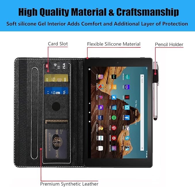 Case for Amazon Kindle Fire HD 10 Tablet 10.1 (9th/7th Generation 2019/2017 Release) - PU Leather Folio Case with Smart Auto Wake/Sleep African American Girl